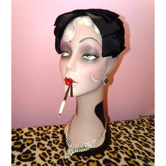 Vintage Black Velvet & Satin ILGWU Fascinator Hat Bow pinup retro rockabilly - Picture 3 of 16